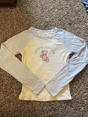 Girls' Long-Sleeve Raglan Tee with Kitten Graphic - Cream & Light Blue